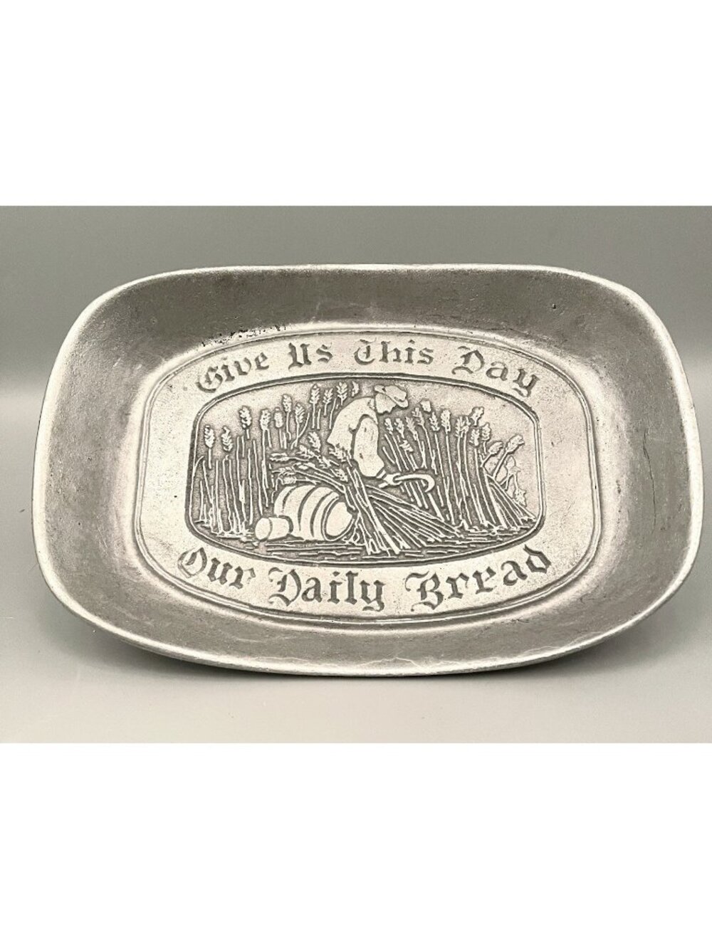 MCM Pewter Bread Tray “Give Us This Day Our Daily Bread” Vintage Farmhouse 8.5x6